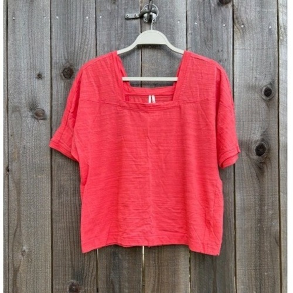 Anthropologie Coral Pink Slub Knit Square Neck Boxy Tee Shirt Small